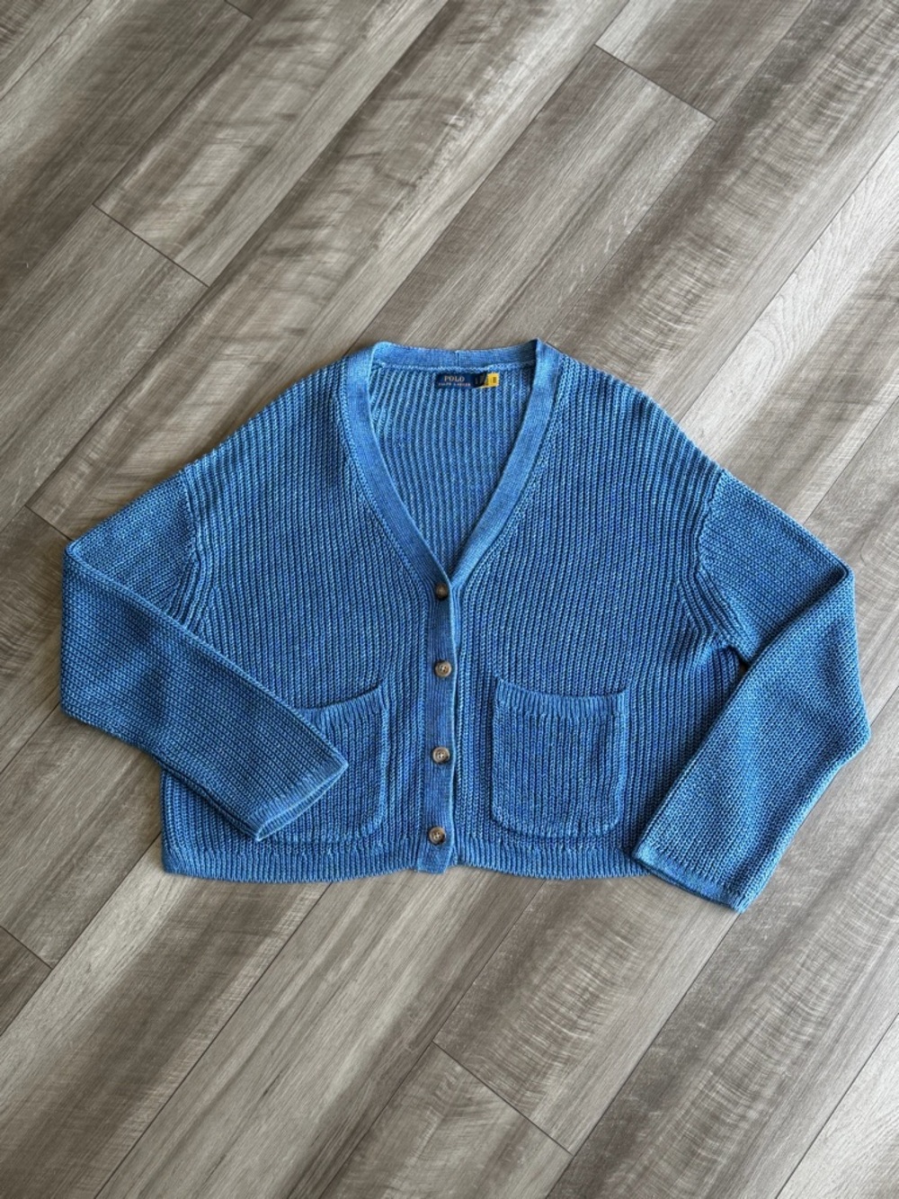 Polo Ralph Lauren Chunky Rib-Knit 100% Linen V-Neck Cardigan Blue Women’s Sz Lg